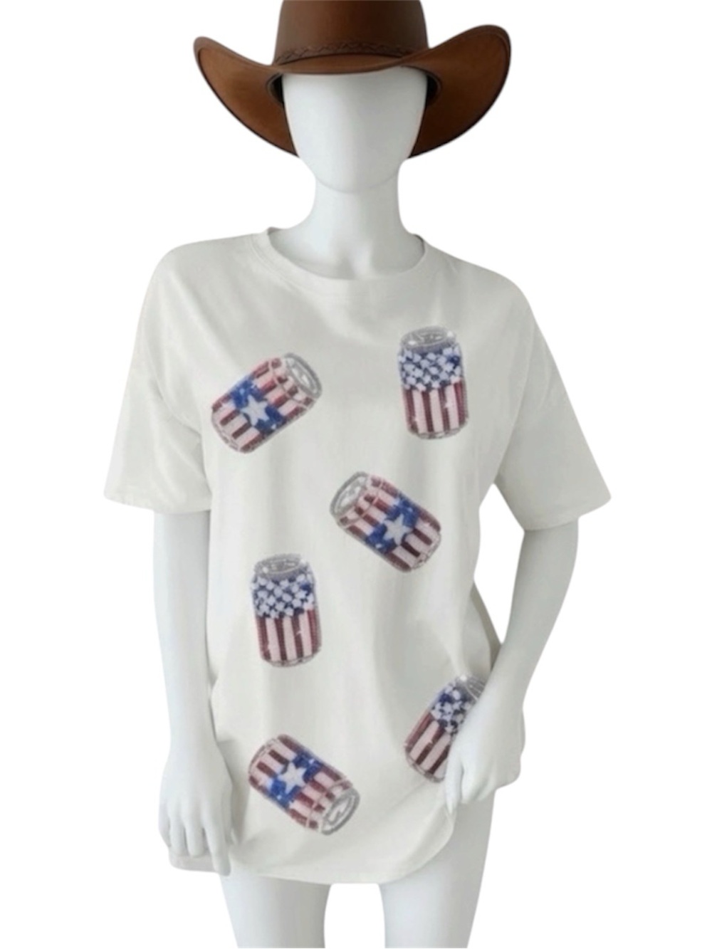 POODIT patriotic sequin beverage white oversized tunic tee S M L XL